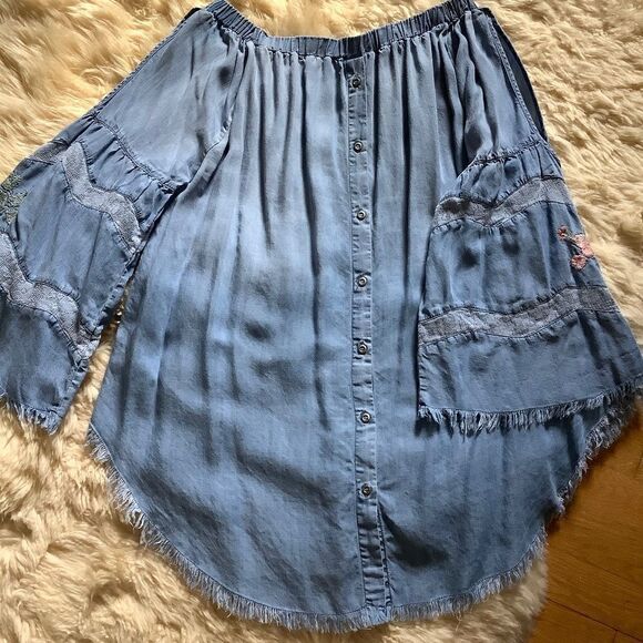 DENIM Blue HIGH-LOW EMBROIDERED LACED SLEEVES OFF-ON OPEN SHOULDER TOP - Picture 6 of 15